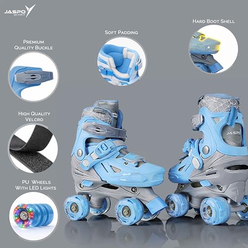 Image of Jaspo Scud X Trail Roller Skates Combo with Helmet and Knee, Elbow, Wrist Guard, Professional Outdoor Indoor Quad-Skates for Kids & Adults, Adjustable Roller Skates with 4 Shiny Wheels (Blue, Large)