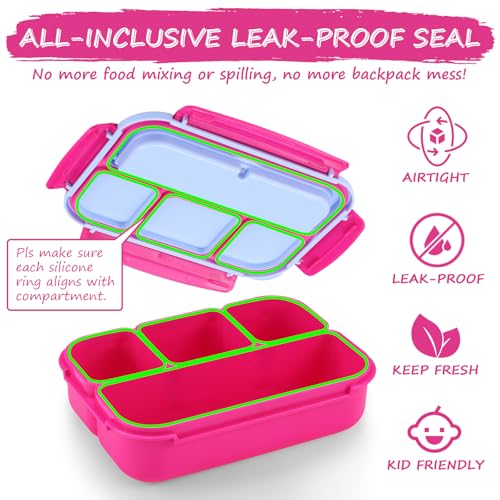 Image of QQKO Bento Box for Kids Adults, School Toddler Lunch Box for Boys Girls, Lunch Box Containers with 4 Compartments, Sauce Container, Utensils, Food Picks and Muffin Cups for School, Pink Blue