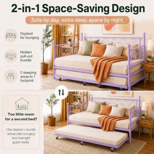 Image of Garvee Daybed with Pull Out Trundle, Metal Sofa Bed Frame with Heart Headboard, Steel Slat Support, No Box Spring Needed, Guest Bed for Bedroom, Living Room,