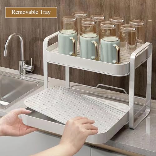 2/3 Tier Mug Holder Rack for Countertop, Carbon Steel Coffee Cup Organizer with Drying Tray, Space-Saving Kitchen & Bathroom Storage, 13.78 x 9.84 x 18.5 in