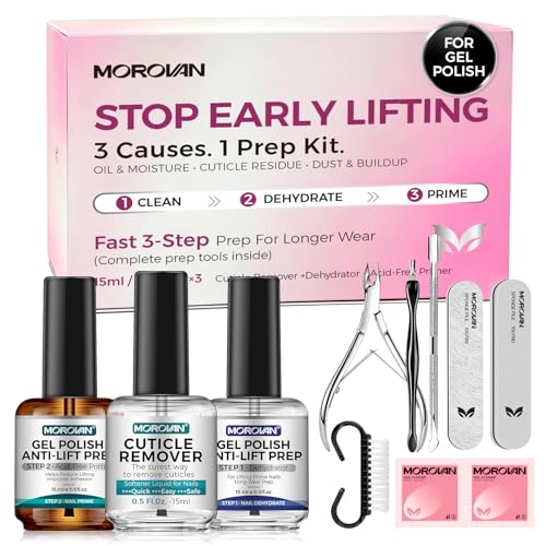 Morovan Nail Prep and Care Kit: Nail Dehydrator and Acid-Free Primer | Cuticle Remover | Cuticle Trimmer Cuticle Pusher & Cuticle Nipper | Cleaner Pads/Nail File/Buffer/Brush - For DIY Manicure Tool