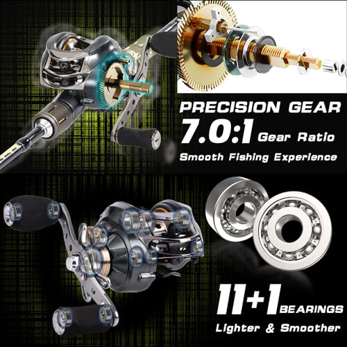 Sougayilang Baitcaster Combo, 2-Piece M/MH 30+24Ton Graphite Rod, 7.0:1 Gear Ratio, 11+1 Bearings Reels for Inshore Bass, Trout, Walleye, Catfish (One Pack) by Sougayilang - Image 6