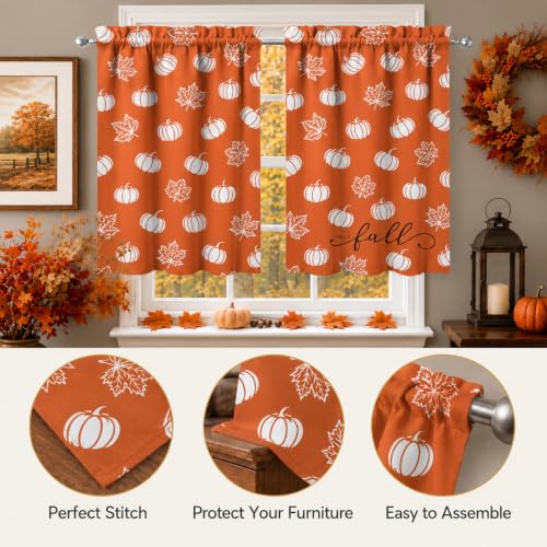 Image of Fall Pumpkin Kitchen Curtains 3 Piece Set Tier Valance | Thanksgiving Orange Kitchen Curtain Set Includes 54x18in Valance and Two 27.5x36in Tier Curtains for Kitchen Window Decor
