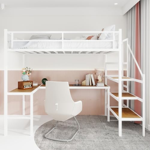 Image of Bellemave Twin Size loft Bed with L Desk, Storage Stairs, Metal Twin Loft Bed Frame for Adults, Kids, Teens, White