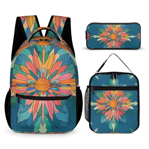 Vibrantly Colored Scottish Thistle Pattern Backpack Set Lightweight Daypack with Lunch Box Pencil Bags Bookbags 3 in 1
