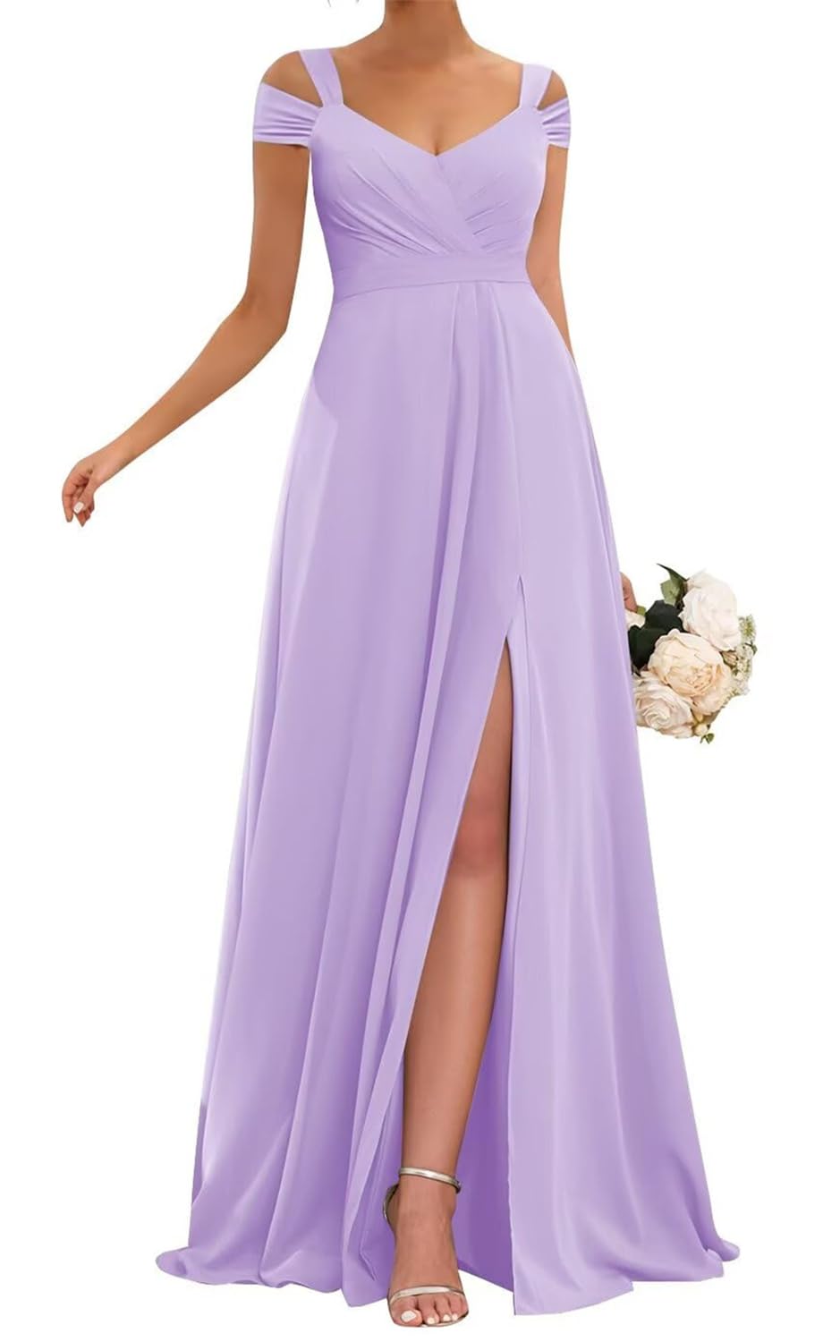 Kurface Women's Lilac Long Bridesmaid Dresses With Slit For Corset A Line Chiffon Formal Wedding Guest Dress Uk10