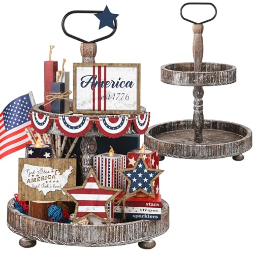 Sunnychicc 15 Pcs 4th of July Patriotic Tiered Tray Decor Set with Vintage Wooden Tray Independence Day American Decoration Rustic Farmhouse 250th Anniversary Memorial Day Red White Blue Wooden Sign