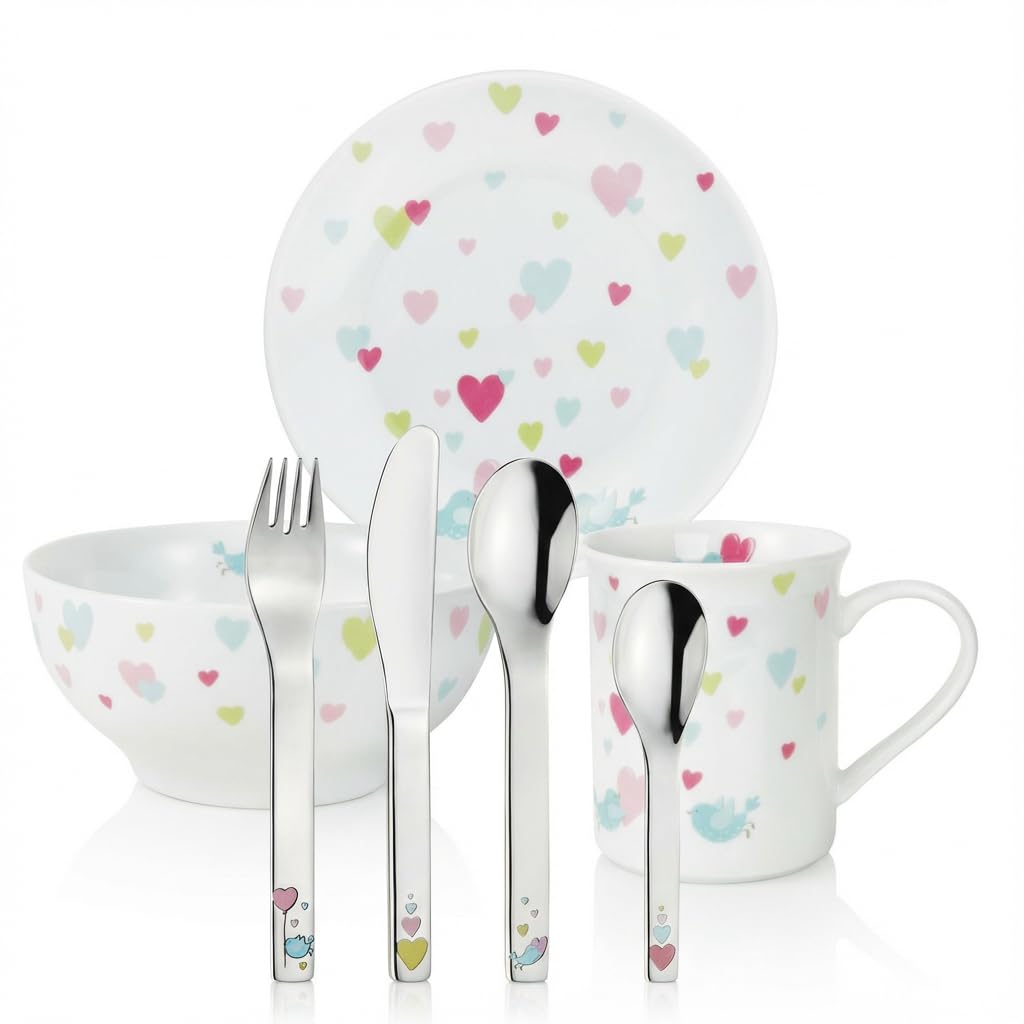 PURESIGNS Kinderset 7-teilig CORA Porzellan & Edelstahl 18/10 | Geschirr + Besteck, BPA-frei & spülmaschinenfest