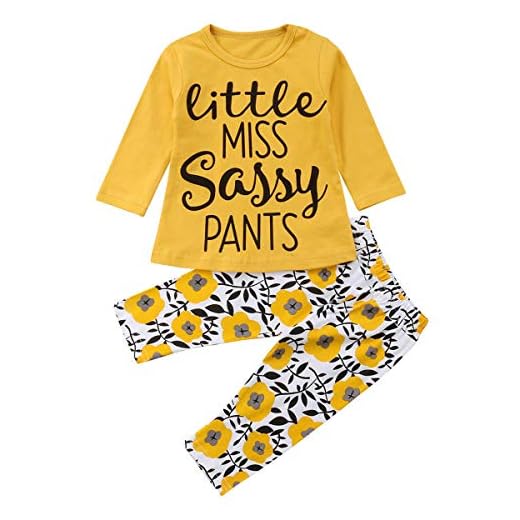 Conjunto de niña pequeña de algodón con Estampado de Letras Camisetas de Manga Larga + Pantalones Florales 2 Piezas (Amarillo, 6-9 Meses)