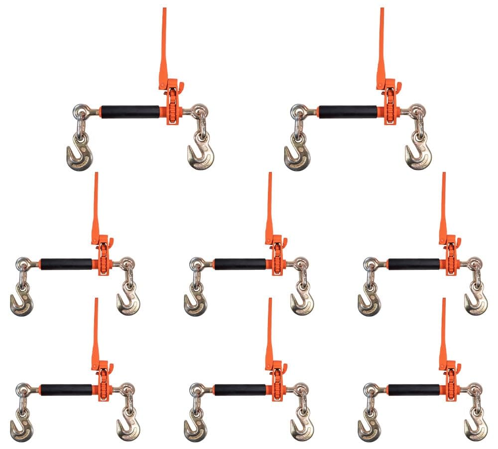Mytee Products 8 Pack 3/8" - 1/2" Hi-Viz Orange Quick Folding Handle Ratchet Load Binder with Grab Hook 12,000 lbs WLL | Tie Down Hauling Chain Binders for Flatbed Truck Trailer