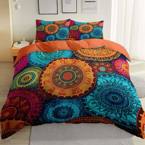 Funda Nordica Cama 180 240 x 260 cm, Geométrico Mandala 100% Microfibra Suave Color Naranja Ropa Cama con Estampado Moderno - Concealed Zip, Corner Belt Design