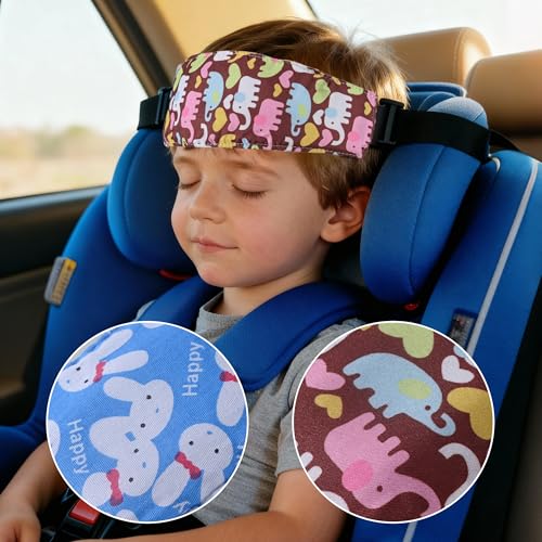 Image of Luckyiren Forest Animal Baby Head Support Strap, 2-Pack Cotton Car Seat Neck Band with Elephant & Bunny Design, Coffee & Blue, 8.4x4x1.1 Inch, Machine Washable
