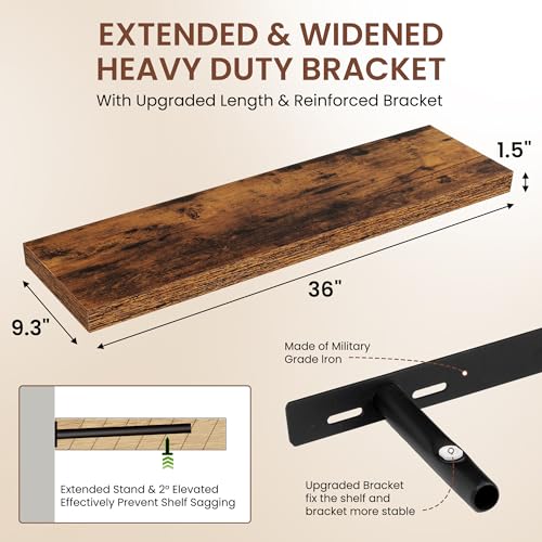 Image of Dreamland 36 Inches Floating Shelves for Wall, 9.3 inch Deep Long Floating Shelves Set of 2, Large Display & Storage Shelf, Wall Shelf for Bathroom Bedroom Living Room Kitchen Office, Rustic Brown