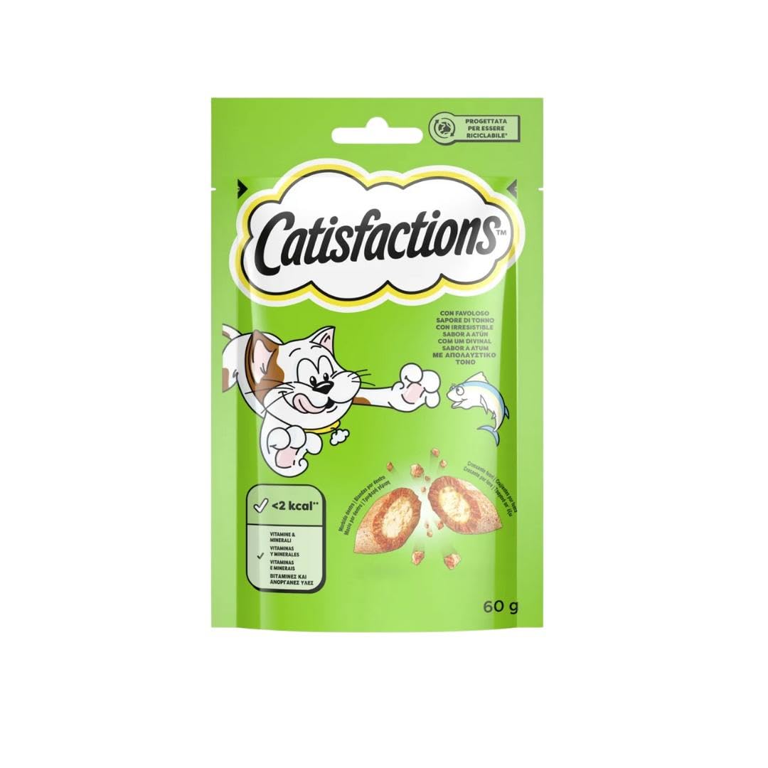 Snack para gatos Catisfactions, snack para gatos adultos y cachorros con sabor a atún | 6 paquetes de 60 gramos cada uno.