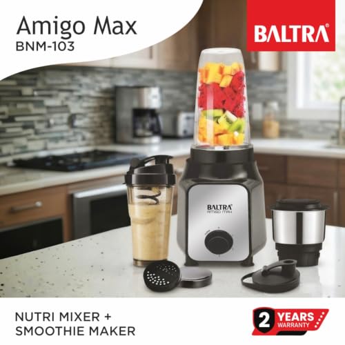 Image of BALTRA Amigo Max Nutri Mixer & Smoothie Maker | 450W Powerful Motor | 3 Jars & Blender Jar | Multi-Speed Mixer Grinder | Fruit Juicer, Smoothie & Chutney Maker | BNM-103