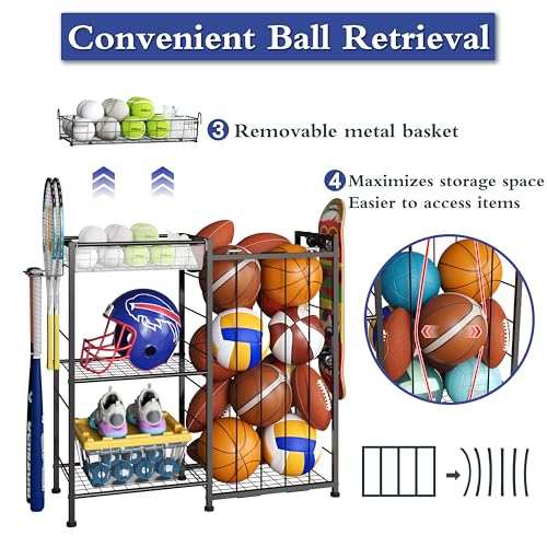 Yuyetuyo MH-XHQJ-Y-US Sports Equipment Organizer, Ball Storage Rack With Elastic Straps And Removable Basket For Garage Organization thumb #2
