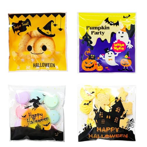 ISHR ハロウィン ラッピング袋 4種類100枚 キャンディーバッグ お菓子袋 半透明 自己接着 使いやすい 小分け袋 ハロウィーン お菓子袋 可愛い かぼちゃ 幽霊 箒 ハロウィン雰囲気 自粘着バッグ 小物入れ パーティー お店用 業務用 (100枚)