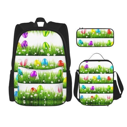 Colorido juego de mochila de viaje con estampado de huevos de Pascua con lonchera y bolsa de maquillaje, correas ajustables, Negro, Talla única