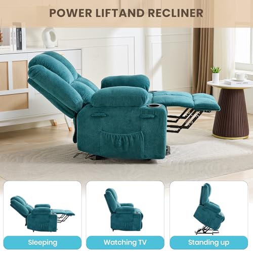 Image of Oversized Power Lift Recliner Chair for Elderly, 135 Lay Flat Electric Recliner with Massage & Heat, Stand Assist Lift Chair with 2 Cup Holders for Living Room,Blue