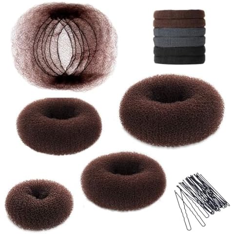 YaFex Hair Bun Maker Kit, 4 Pieces (1 Large, 2 Medium and 1 Small), A-Brown, 30 Pieces Accessories Including Hair Nets, Elastic Hair Ties, Hair Bobby Pins Cover
