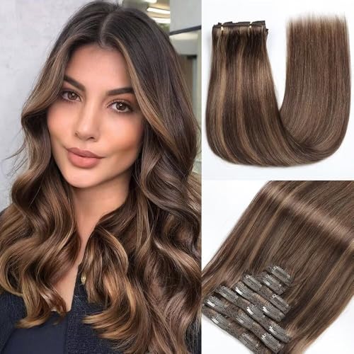 GUDOZO extensiones pelo natural Castrado oscuro a castaño claro 7pcs 35cm 80g Extensiones Extensiones clip cabello natural sin costuras volumen mujer