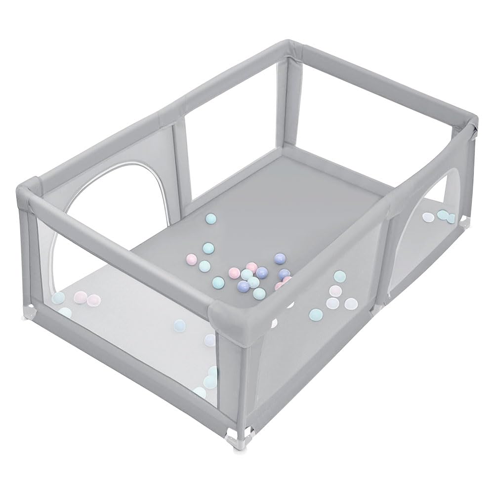 Parc Bébé avec Tapis et Porte Zippée Parc Bebe Modulable Grand Parc Enfant Pliable Parc de Jeux Bébé pour la Maison (Gris clair-L180 x l120 x H66 cm, avec Boules)