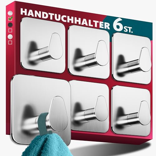 Menz Handtuchhalter ohne Bohren Edelstahl, 6er Set - Wasserfeste Badezimmer Handtuchhalter, ovale Klebehaken fürs Bad, Haken selbstklebend als stabil Handtuchhaken, funktional und hochwertig