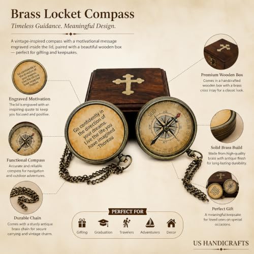 Brújula grabada Go Confidently con estuche de madera de lujo - Camping y navegación - Regalo y brújula para graduación - Latón antiguo miniatura 3