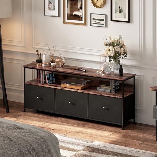 FEEOHOME Meuble TV en Métal, Support pour Téléviseur 55 Pouces, Table Télé avec Réglable LED et 3 tiroirs en PU, Cadre en Métal avec étagères de...