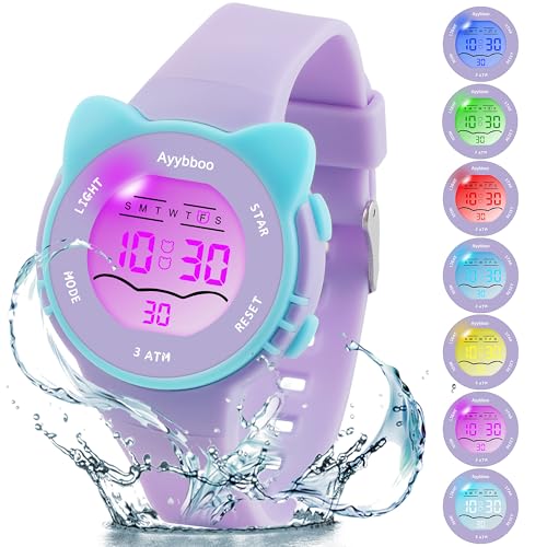 Ayybboo Kinder Armbanduhr,Digitaluhr Kinder mit Katzenmotiv,3ATM Wasserdicht,Weiches Band,7 Farblichter Kinderuhr für Jungen und Mädchen (Lila)