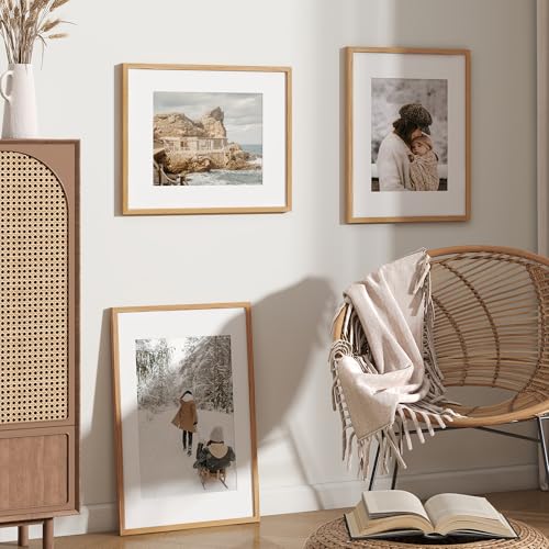 Image of FLYJOE 16x20 Oak Wood Picture Frame with Mat for 11x14, 16 by 20 USA-Sourced Natural Solid Wooden Poster Frame for Wall Display, Tempered Real Glass, Hanging Hardware Included, 3 Pack, Natural
