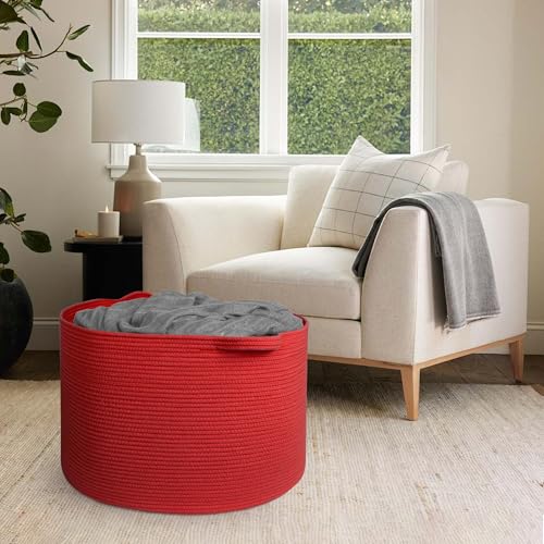 Image of MEGASKET 115L Extra Large Red Basket for Organizing, 23.6 inchx15.7 inch Jumbo Woven Cotton Rope Bins for Blankets, Baby Nursery Laundry Basket, Kids Dog Toy Storage Box, Huge Red Living Room Decor Organizer