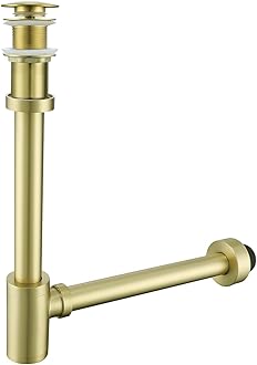 Brass Round Bottle P-Trap with Pop Up Drain Stopper,1 1/4 Adjustable Basin Sink Waste Drain Trap Kit Without Overflow,Brushed Gold P Trap