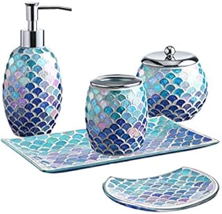 WHOLE HOUSEWARES 5-Pieces Mosaic Glass Bathroom Accessories Set, Soap Dispenser, Tray/Soap Dish (Blue)