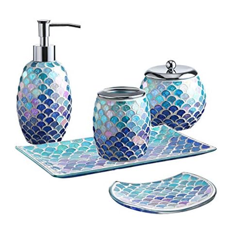 WHOLE HOUSEWARES 5-Pieces Mosaic Glass Bathroom Accessories Set, Soap Dispenser, Tray/Soap Dish (Blue) Cover