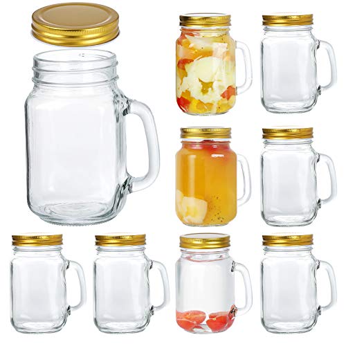 16oz Mason Jar Mug with Handle and Golden Lids Set of 9 Old Fashioned Drinking Glass for Beverages Decoration Storage Party Favors Cocktails Floats Centerpieces and more