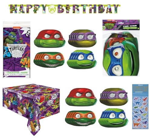 Teenage Mutant Ninja Turtles TMNT Birthday Party Supplies Decoration Bundle Pack includes 1 Birthday Banner, 1 Table Cover, 8 PaperMasks and 1 Dinosaur Sticker Sheet - 10 Pieces