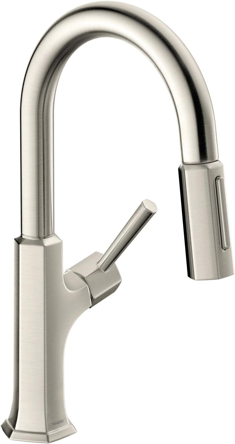 hansgrohe Locarno Stainless Steel Bar Kitchen Faucet, Kitchen Faucets with Pull Down Sprayer, Faucet for Kitchen Sink, Stainless Steel Optic 04853800