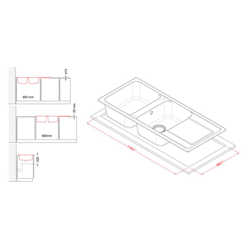 Elleci LG250040 Life 500 - Lavello da cucina, 2 vasche, gocciolatoio, 116x50 cm, Nero