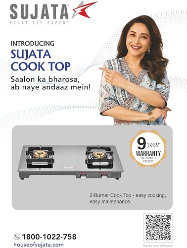 Image of Sujata Regal Manual Gas Stove 2 Burners Glass Top | 9 Years Warranty | Gas Stove with Brass Burners | SABAF Technology | ISI Certified | LPG & PNG Compatible | 360 Rotating Brass Nozzle (Black)