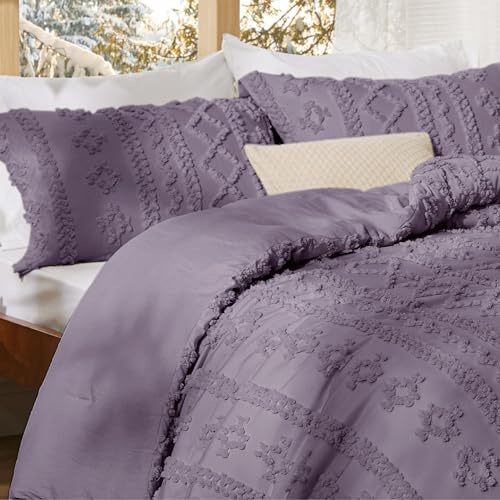 Image of Bedsure Tufted Boho Comforter Set Queen Size - Grayish Purple Boho Bed Set, GentleSoft 3 Pieces Farmhouse-Style Embroidery Bedding, Gifts for Woman, Soft Jacquard Kids' Comforter for All Seasons