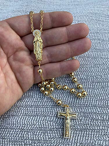 HarlemBling Solid 925 Sterling Silver Rosary Beads -14k Yellow Gold Finish - 36.5 Grams 6mm 30" - Men's Rosario Necklace Prayer Beads2