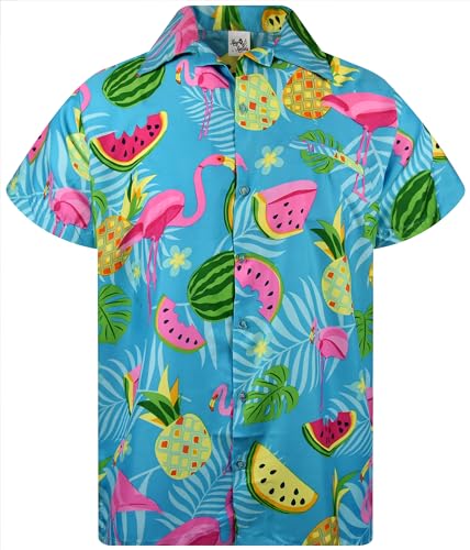King Kameha Funky Camisa-Hawaiana, Manga-Corta, JK-Flamingo-Melon-Print, Turquesa, L