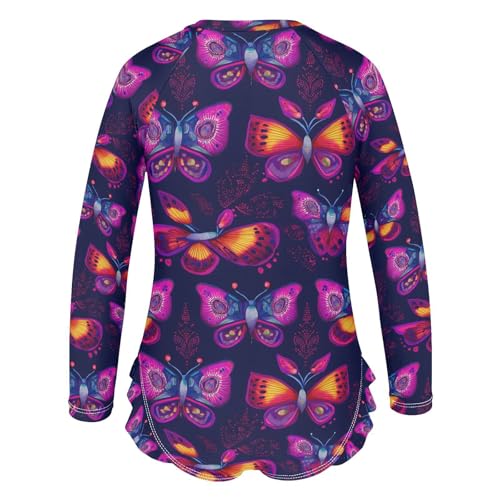ALAZA Neon Butterfly Black Girls One Piece Swimsuit Long Sleeve Rash Guard Swimsuits UV 50+ Swimwear Zipper3