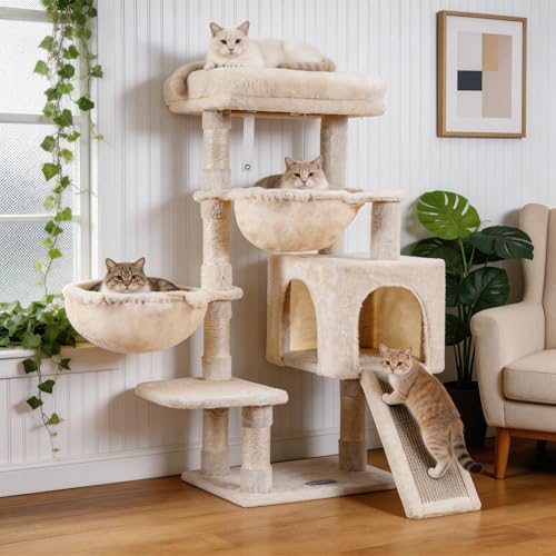 Hey-brother Cat Tree Cat Tower for Indoor Cats Cat House with Large Padded Bed Cozy Condo Hammocks Sisal Scratching Posts Big Scratcher Beige UMPJ006SM