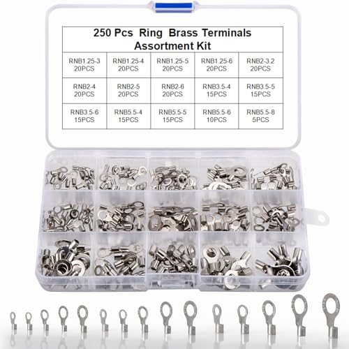 KOXXIAMOQ Ensemble de 250 cosses tubulaires en cuivre non isolées, assortiment de cosses annulaires, connecteurs pour batteries, pour câbles de 0,5-1,5mm²...