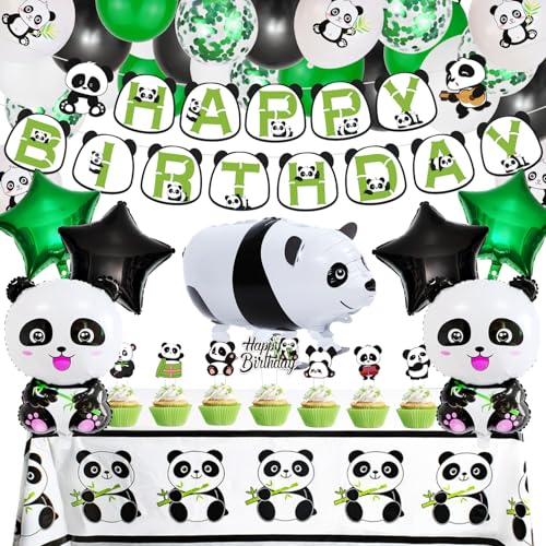 Panda Party Supplies foil balloon Set Include Happy Birthday Banner walking Panda cupcake topper star Tablecloth Cover for Birthday Party(Boy)