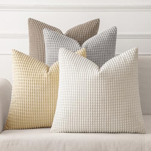 MIULEE Neutral Harmony Decorative Pillow Covers 18x18 Inch Set of 4 Rustic Farmhouse Boho Soft Throw Pillows Corduroy Couch Pillowcases Nordic Home Decor for Sofa Living Room Bed
