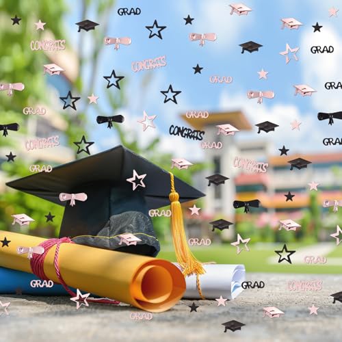 Image of Pink and Black Graduation Confetti 2026, 1000 Pcs Congrats Grad Confetti Class of 2026 Party Table Centerpiece for Graduation Party Decorations