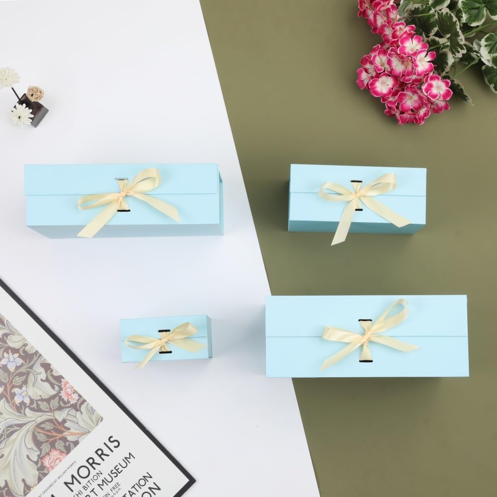 Skivra Blue Gift Box with Ribbon - 1 Pack, 6x6x3 Inch Small Collapsible Luxury Box with Lid, Magnetic Closure, Rectangle, Wedding Gifts, Shredded Paper Filler & Card